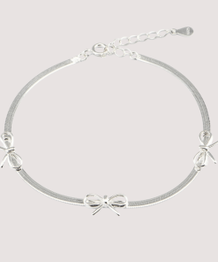 Sterling Silver Herringbone Bracelet - Dainty Bow Charms